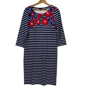 TALBOTS Navy & White Striped Dress Floral Print Bateau Neck Cotton size Small